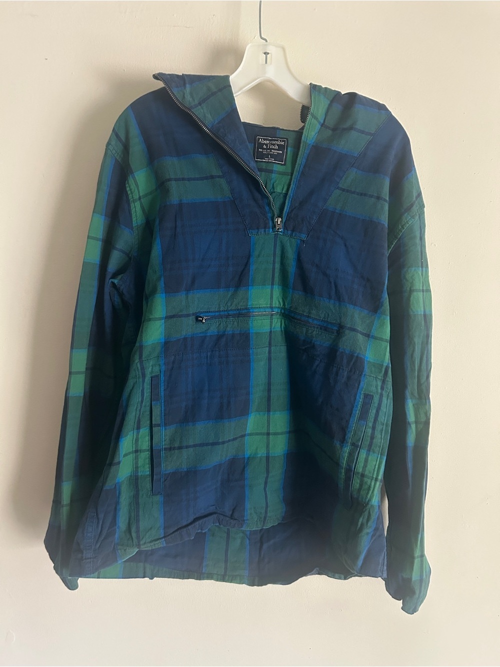 Abercrombie & Fitch Plaid Green Blue Tartan 1/4 Zip Lightweight Hoodie Large